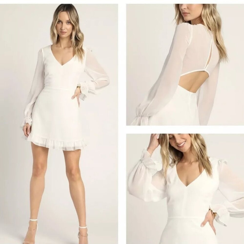Lulus Sheer Attraction White Mini Dress Sz M Long Sleeves Cut Out Back Ruffle